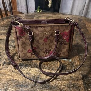 Coach Brown and Red Crossbody Bag with Signature Monogram